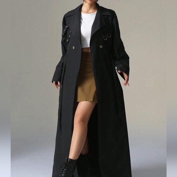 Extra Long Full Length Solid Color Double-Breasted Long Sleeve Windbreaker - Picture 2 of 5